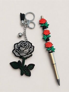 Handmade beaded rose pen with Rhinestone Black Rose Keychain with Tassel